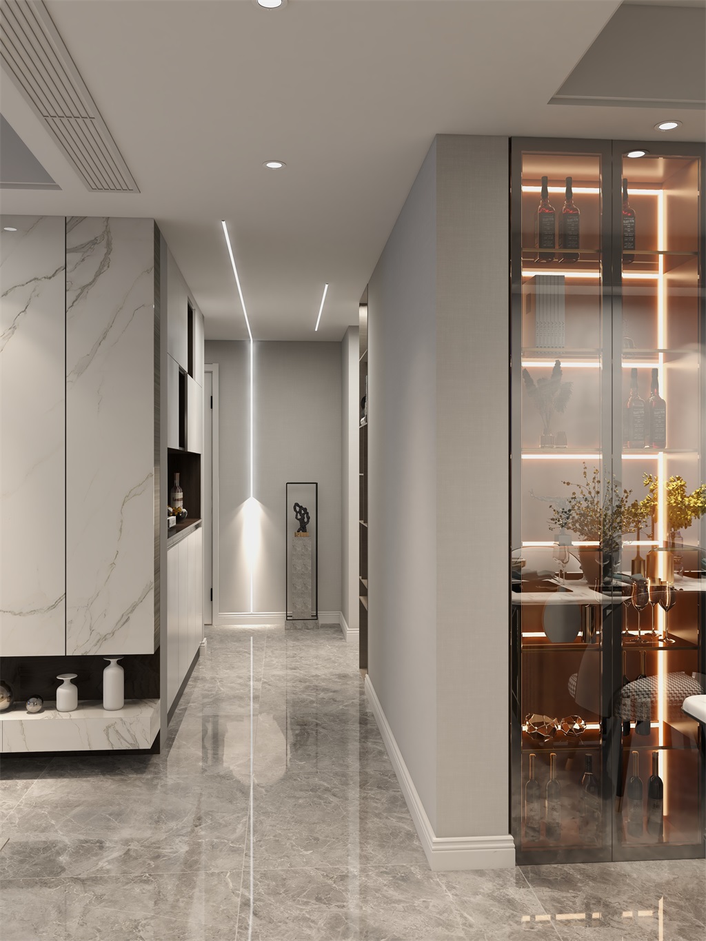廊道线型灯饰结合简单大气的墙地面，彰显出现代风格的利落干脆，也表达了简约不失格调的生活态度。.jpg